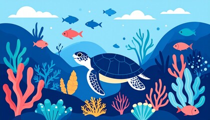 Obraz premium Vibrant underwater scene with sea turtle and colorful coral