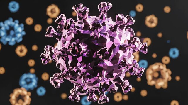 Modern abstract visualization of virus mutation with geometric crystalline surface. Clean dark environment highlights science, biology, and molecular concept usage