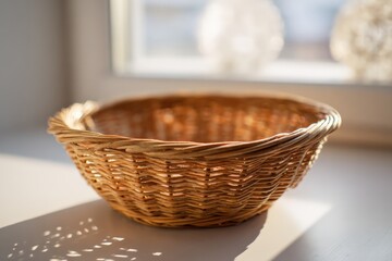 Fototapeta premium Natural wicker basket in soft light with shadows and textures on a bright surface