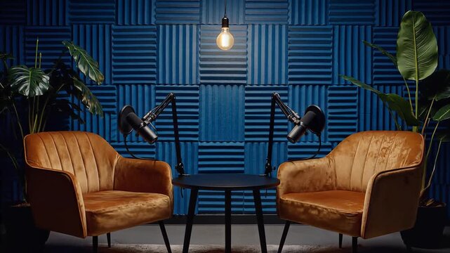 Empty Podcast Studio with Microphones and Chairs Ready for Interview.