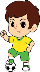 Cartoon Boy Football Player Posing in Brazil National Team Yellow and Green Uniform
