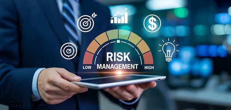Businessman holding tablet with risk management concept.