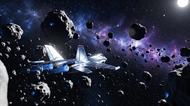 Navigating Celestial Depths: A sleek spacecraft fearlessly maneuvers through a dense asteroid field, the cosmos stretching out beyond, painting a scene of futuristic exploration and cosmic wonder. 