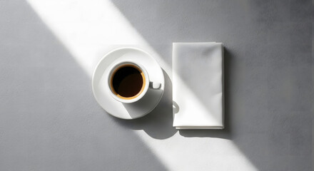 Minimalist espresso cup setup is arranged with small saucer and simple napkin bright daylight style