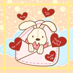 Adorable Easter Bunny in Envelope with Multiple Red Hearts and Love You Messages, Whimsical Spring Holiday Greeting Card