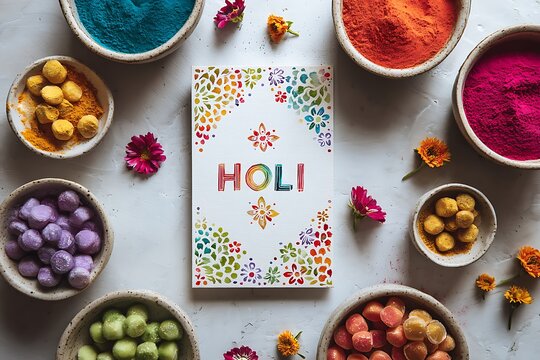 Holi festival greeting card on white background, colorful gulal powder in ceramic bowls, traditional Indian spring celebration flat lay