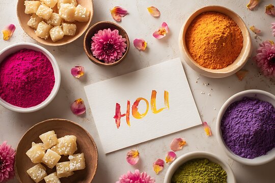 Holi festival celebration flat lay with colorful gulal powder, traditional Indian sweets and greeting card, spring festival of colors background