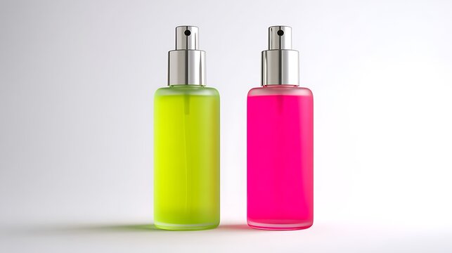 Frosted glass spray bottles with neon green and pink liquid, cosmetic pump dispenser containers for beauty products, blank packaging mockup on white background