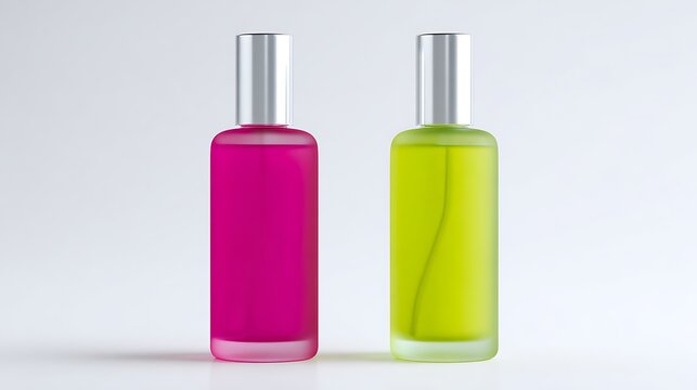 Frosted glass spray bottles with pink and green liquid, cosmetic perfume bottle mockup on white background, blank beauty product packaging