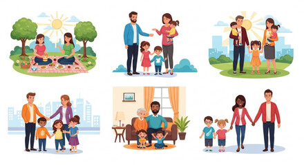 Fototapeta premium Diverse family scenes with parents and children in various settings showcasing love and togetherness in urban and natural environments