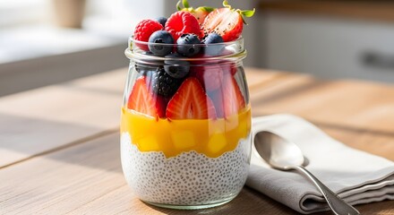 Fresh fruit layered in a jar with chia seeds on a wooden table, viewed from the side.