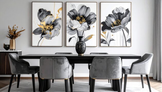 Elegant triptych floral art above dining table, velvet chairs
