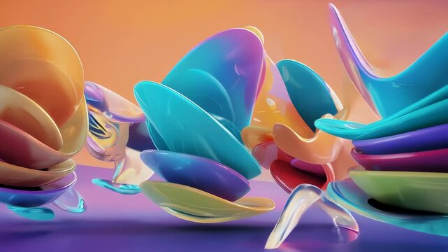 Abstract, colorful, glossy, layered shapes form a fluid sculpture on a gradient background