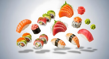 Assorted sushi pieces floating in mid-air against a gradient background, captured from a straight-on viewpoint.