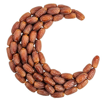Almonds arranged in a crescent shape on a white background.