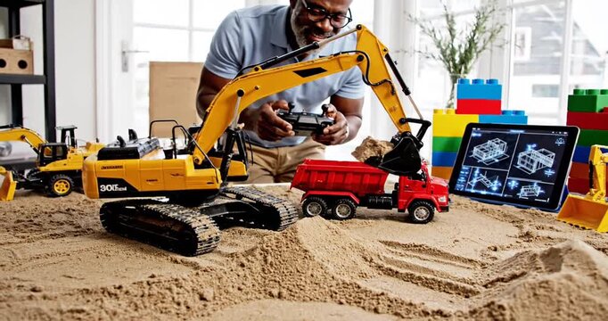 A man operating a toy excavator in a sandbox, surrounded by colorful building blocks and construction vehicles