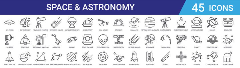 Set of 45 outline space and astronomy icons including astronaut, planets, telescope, meteor, satellite, galaxy, rocket. Editable stroke vector line icons for web and app design