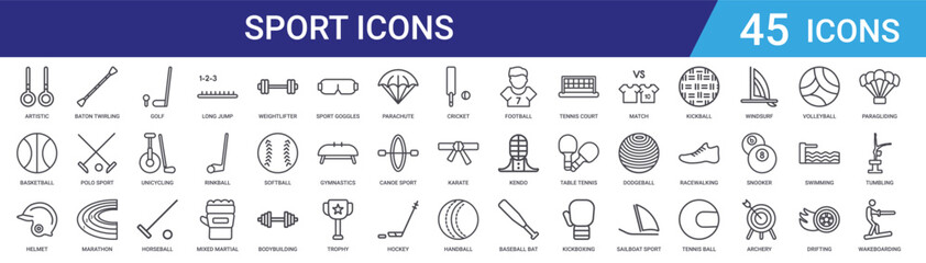 Set of 45 outline sport icons including golf, hockey, marathon, tennis, volleyball, archery, gymnastics, karate. Vector line icons for web and mobile app © Digital Bazaar