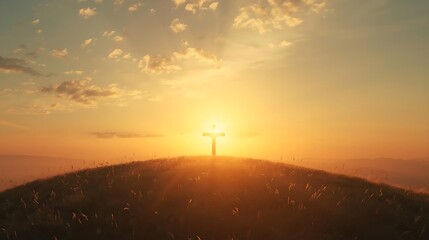 Glowing Cross on Hill at Sunrise, Easter Scene, Golden Hour Light, Hopeful and Spiritual Sunrise