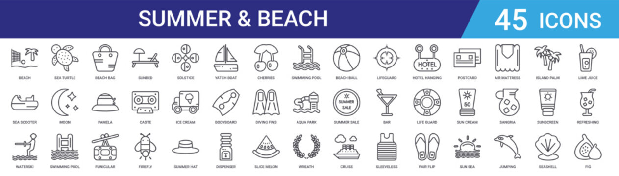 Set of 45 outline summer vacation and beach travel icons including sunbed, swimming pool, sea turtle, beach bag, flip flops. Vector line icons for web and mobile