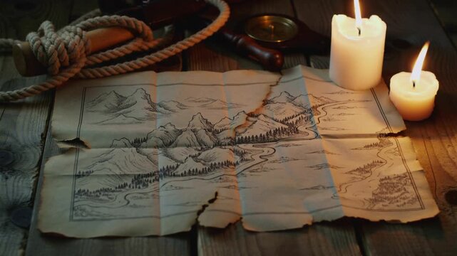 Vintage treasure map with candles and navigation tools