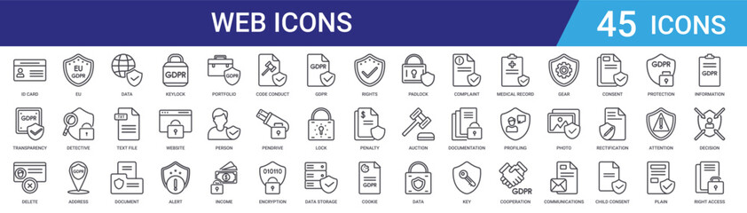 Fototapeta premium Set of 45 outline web icons including keylock, document, file, data processing, address, detective, GDPR, security. Editable vector line icons for UI, web design, mobile app