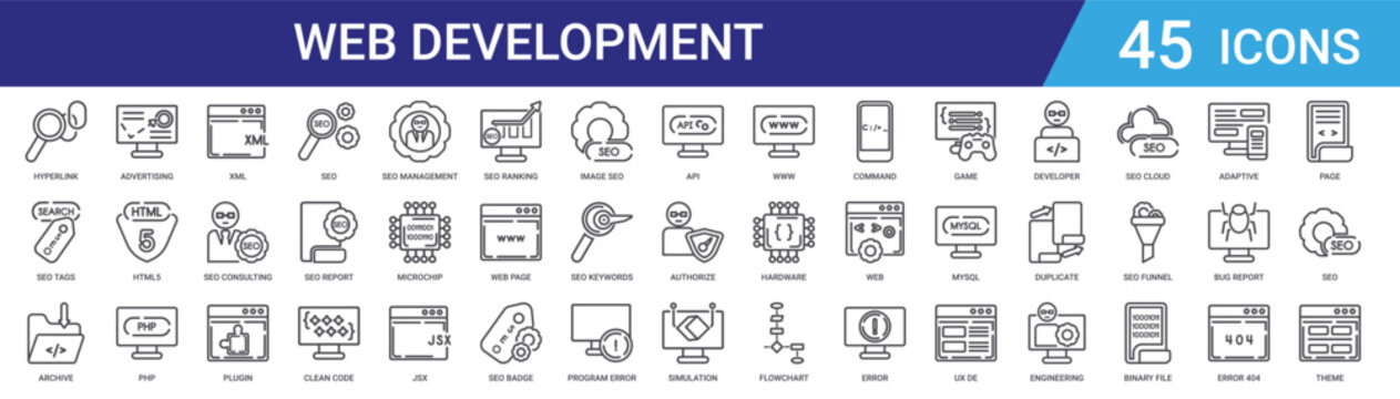 Set of 45 outline web development and SEO vector icons including php, html5, xml, plugin, configuration, consulting, optimization for websites and mobile apps