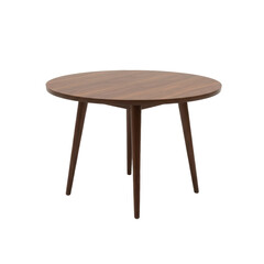 a high-end mid-century modern round solid wood table featuring a polished dark brown walnut finish and three sharply tapered legs, captured in a clean studio environment conveying quality