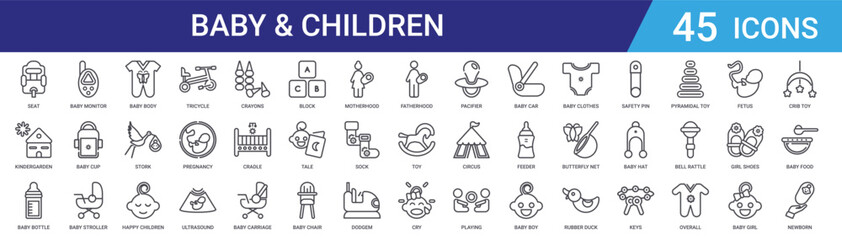 Fototapeta premium Set of 45 outline baby and children vector icons including tricycle, stroller, toys, clothing, nursery items for web and mobile design