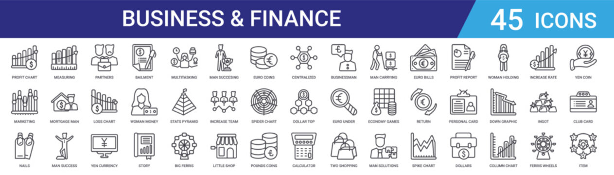 Set of 45 outline business and finance icons including bailment, yen currency, loss chart, partners, success metrics, mortgage. Editable vector line icons for web and mobile apps