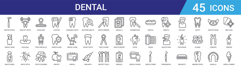 Set of 45 outline dental icons including cavities, tooth cleaning, orthodontic brackets, denture, dentist tools, examination for web, mobile app UI design © Digital Bazaar