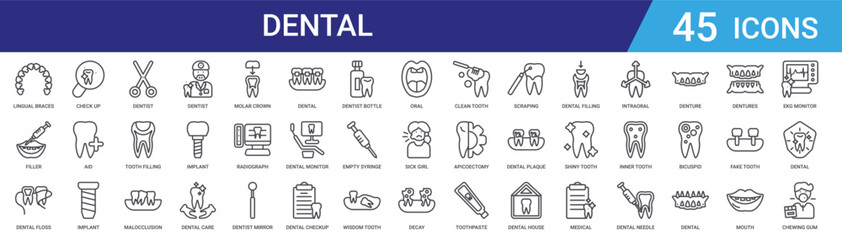 Set of 45 outline dental icons such as dentist, tooth, implant, malocclusion, filling, scissors, checkup. Vector line icons for web design, mobile app, UI