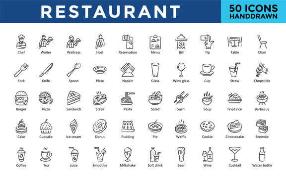 Restaurant icons set with chef, waiter, waitress, host, reservation, menu, bill, tip, glass, cup, coffee icon. Simple hand drawn vector 

