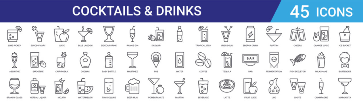 Set of 45 outline cocktail and beverage icons including mojito, martini, juice, smoothie, coffee. Vector line icons for bar, restaurant, menu design