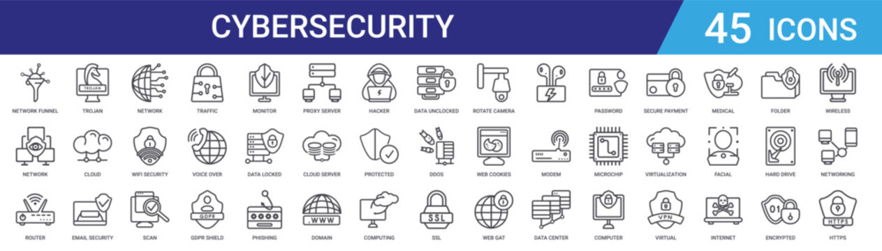 Set of 45 outline cybersecurity and network icons including encryption, wifi security, VPN, cloud security, firewall, phishing, GDPR vector icons for web and mobile design