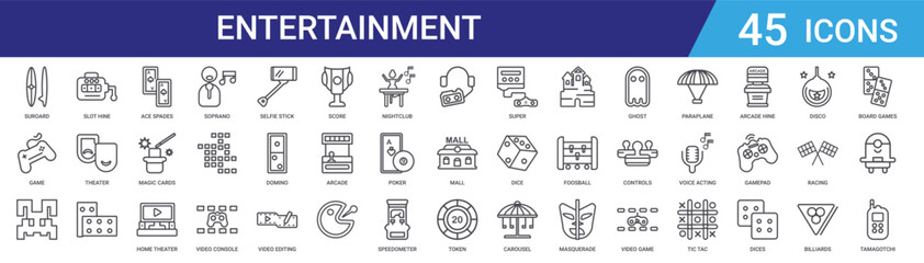 Set of 45 outline entertainment and gaming vector icons including arcade, casino, theater, music, video games, dice, poker, gamepad for web and mobile design © Digital Bazaar