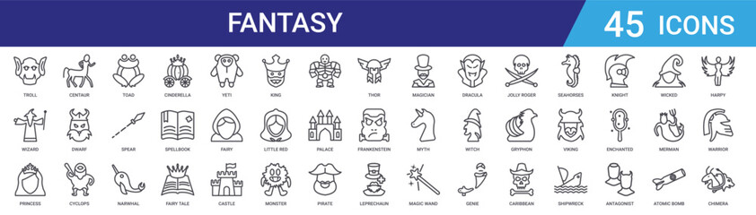 Set of 45 outline mythical fantasy fairy tale icons including cinderella carriage, narwhal, spear, toad, cyclops, dwarf, centaur vector icons for web design, mobile app © Digital Bazaar