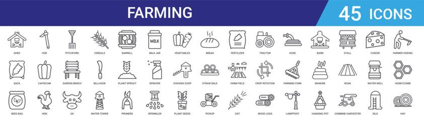 Set of 45 outline farming and agriculture icons including cereals, ox, garden bench, pitchfork, hen, capsicum, hoe. Vector line icons for web and mobile design © Digital Bazaar