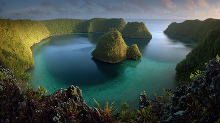 Aerial View of Tropical Island Coastline with Turquoise Water Lush Green Vegetation and Rocky Outcrops on a Sunny Day Creating a Stunning Natural Landscape