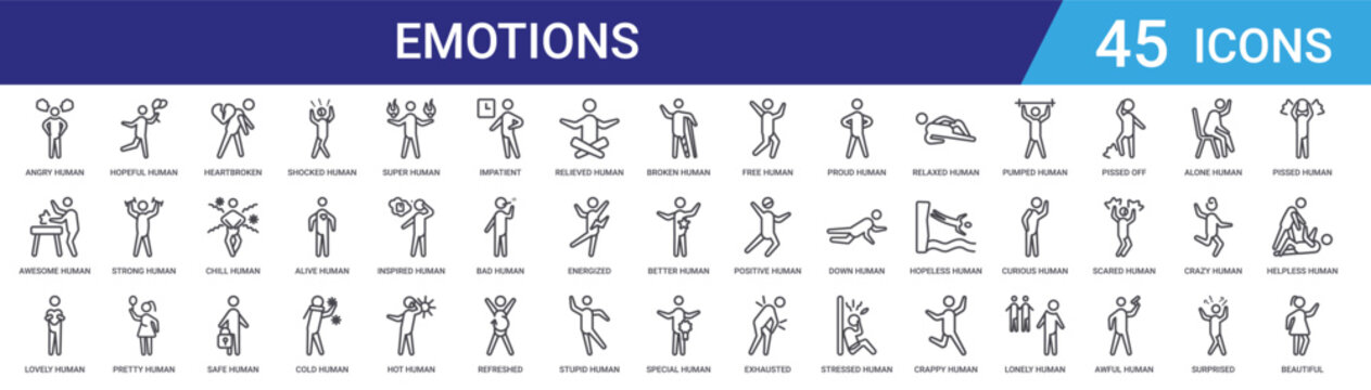 Set of 45 outline emotion and mood icons including shocked, safe, chill, heartbroken, hopeful, stressed human expressions for web design and mobile app
