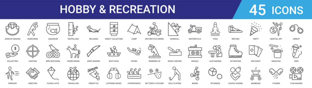 Set of 45 outline hobby and recreation icons including rappelling, kite flying, bird watching, aquarium, hunting, exercising, yoga, camping. Vector line icons for web and mobile app