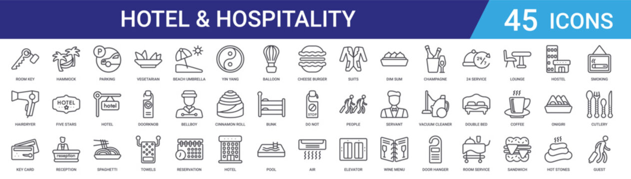 Set of 45 outline hotel and hospitality icons including vegetarian, spaghetti, parking, reception, five stars, hammock. Vector line icons for web and mobile app design
