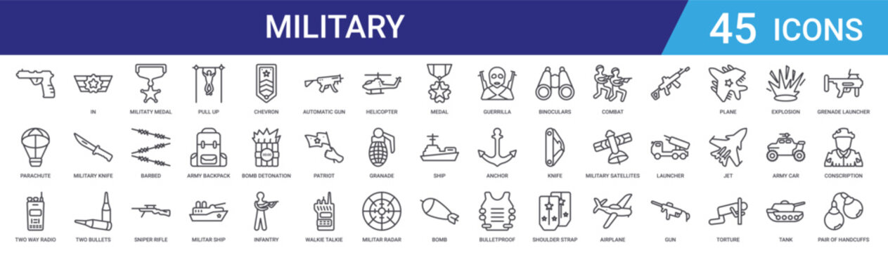 Set of 45 outline military and army icons including weapons, vehicles, equipment in thin line vector style for web and mobile design