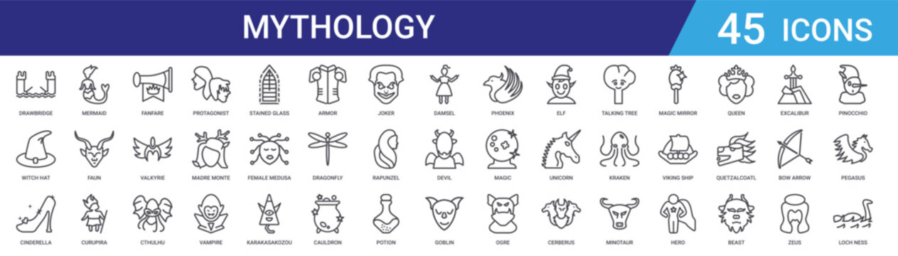 Set of 45 outline mythology and fantasy icons including protagonist, cthulhu, valkyrie, mermaid, unicorn, phoenix. Vector line icons for web and mobile app