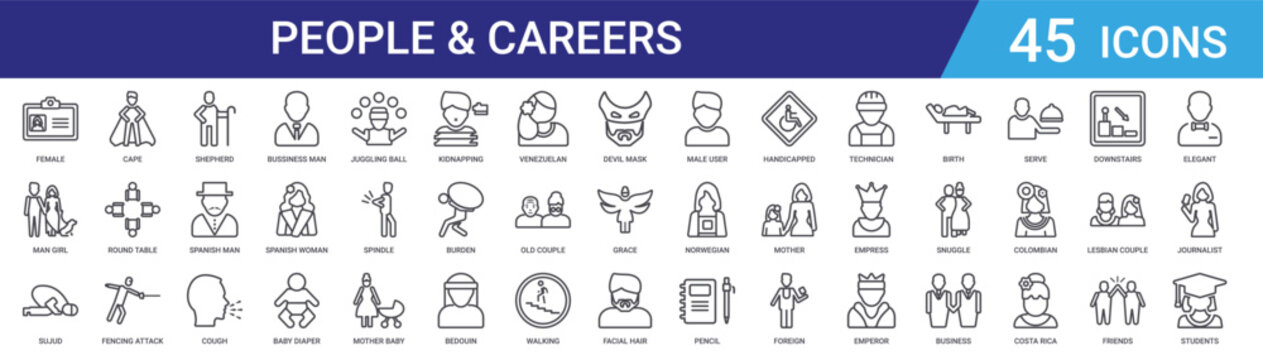 Set of 45 outline people and professions vector icons including businessman, shepherd, fencing, couples, occupations for web design, mobile app UI