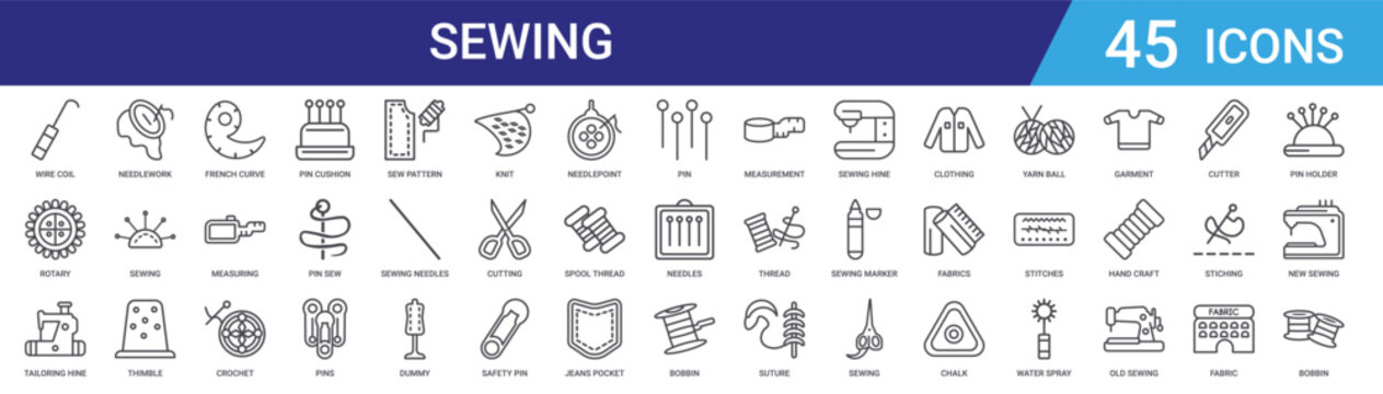 Set of 45 outline sewing and needlework icons including thread, needle, thimble, crochet, measuring tools. Editable vector line style for web and mobile design