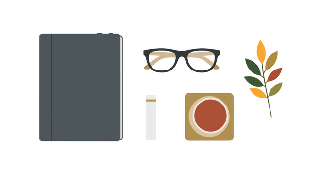 Notebook, Glasses, USB, Coffee and Leaf.