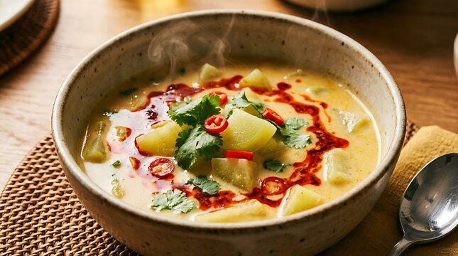 Bowl of chayote squash soup in coconut milk sayur labu siam