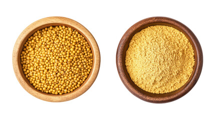 Two wooden bowls of mustard seeds and powder on transparent background for Ramadan ifter recipes