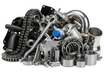 An assortment of automotive engine parts and components displayed together.